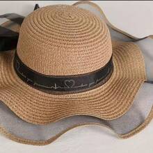 女士宽檐草帽 - 时尚便携的春夏遮阳帽，采用透气轻盈的天然草编面料，内置抽绳防风，饰有可爱蝴蝶结，并具有 UPF 50+ 防紫外线功能，是海滩度假的理想之选。 - 黑色 - 查看 3