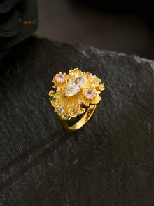 1pc Vintage Baroque Style Copper Alloy Zirconia Stone Women's Ring, Suitable For Party, Wedding, Retro Themed Occasions - Multicolor - View 5