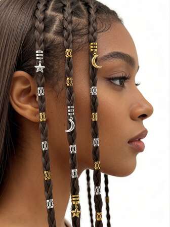 44pcs Wig Braids Accessories, Gold & Silver Star & Moon Decor, Suitable For Women Eid Celebration, Party, Daily Use Hair Accessories