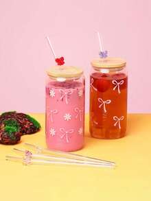 6pcs Reusable Glass Straws With Bow Pendant - Bend-Proof Straw Set + Cleaning Brush - Elegant Straws For Cocktails, Smoothies And Cold Drinks (20cm) - Multicolor - View 5