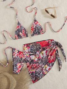 女士性感蝴蝶印花露背比基尼三件套，系带设计，含纱笼裙，夏季海滩度假波西米亚风 - 彩色 - 查看 2