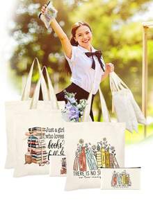 1/2pcs Set Large Capacity Beige Canvas Floral & Book Themed Printed Tote Bag And Zipper Storage Bag Set, Fashionable Floral & Book Themed Shoulder Bag, Shoulder Bag, Multifunctional Portable Travel Storage Makeup Set, Suitable For Back To School, Graduation, Travel, Birthday, Anniversary, Teacher's Day, Thank You Gifts, Essential For Students And Teachers, Great For Travel