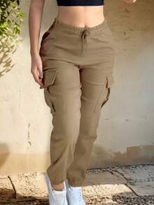 Plus Size Women's Fashion Casual Solid Color Minimalist Pocket Elastic Waist Drawstring Cargo Pants, Lightweight Polyester Blend Soft Fabric - Khaki - View 4