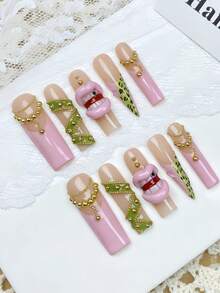 10pcs French Tip Gold Chain Leopard Polka Dot 3D Red Lip Y2K Element Press-On Fake Nails, Suitable For Girls Wedding, Holiday, Party - Nhiều màu - Xem 1