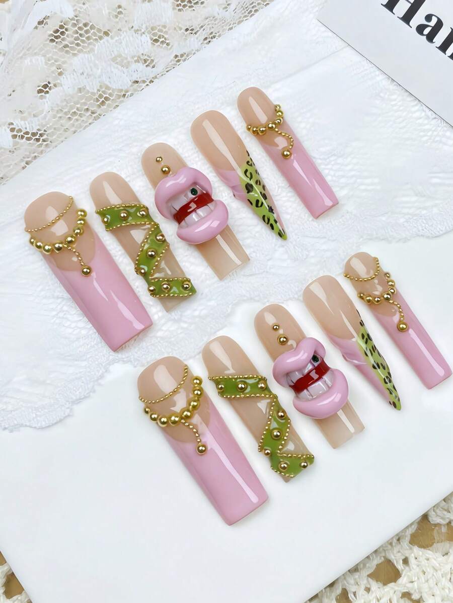 10pcs French Tip Gold Chain Leopard Polka Dot 3D Red Lip Y2K Element Press-On Fake Nails, Suitable For Girls Wedding, Holiday, Party - Nhiều màu - Xem 1