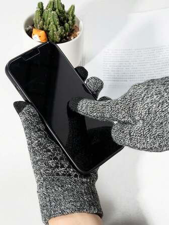 1 Pair Men's Winter Touchscreen Fleece Lined Anti-Freeze Anti-Slip Outdoor Cycling Fashion Korean Style Knit Wool Gloves