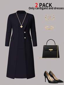 女士优雅两件套，纯色长袖开衫西装外套 + 无袖纽扣中长连衣裙，秋冬春季 - 藏青23 - 查看 2