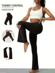 Women'S High Waisted Flare Yoga Pants - Tummy Control Length Leggings With Pockets, High-Stretch Soft Fabric, Elastic Waistband & Flared Hem For Yoga, Pilates, Workouts, Vacation & Daily Wear, Workout Leggings, Activewear Bottoms, Stylish Activewear, Comfortable Fit, Versatile Activewear, Fitness Enthusiasts, Pilates Leggings, Breathable Material, Gym Goers - 黑色 - 查看 4