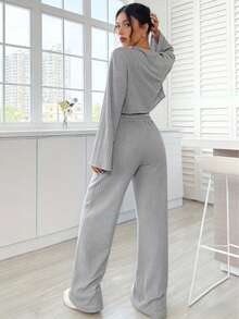 两件套女士春/秋/冬休闲罗纹长袖睡衣套装，时尚家居服套装，也可外出穿着 - 淺灰色 - 查看 3