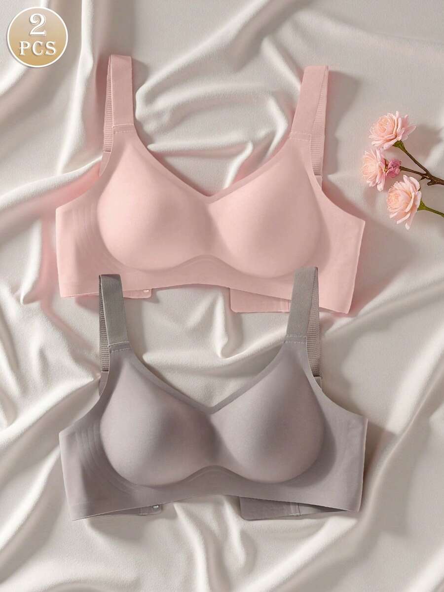 Set de 2 sujetadores deportivos minimalistas y cómodos para mujer, de unicolor sin alambres - Multicolor - Ver 1