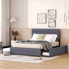 Platform Bed 140 X 200 Cm With Snowplow For Two People And Two Drawers, Grey - 灰色 - 查看 3