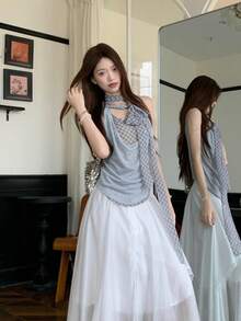 Slouchy Graphic Loose Shoulder Cutout Sleeveless T-Shirt For Women - Baby Blue - View 6