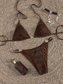 2026夏季新款性感钩针亮片棕色比基尼套装，金属贝壳装饰露背系带三角罩杯，休闲优雅，适合情人节，也是海滩派对和度假的必备单品 - 棕色 - 查看 5