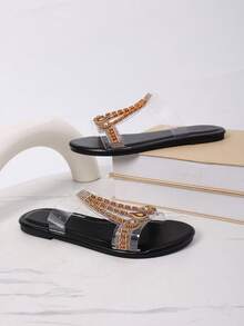 串珠和水钻装饰的波西米亚风平底拖鞋，适合青少年女孩夏季穿着 - 黑色 - 查看 2