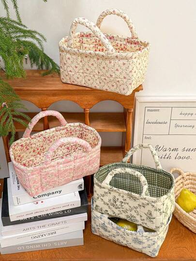 1pc Countryside Style Floral Print Storage Basket, Portable Storage Bag, Home/Dorm/Living Room Decor, Multifunctional Foldable Basket For Storing Books, Cosmetics, Remote Controls, Snacks, Keys, Tissues, Toys, Underwear, Etc. Artistic Retro Style Photo Accessory, Perfect Gift For Friends