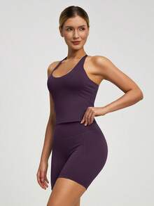 1套女士交叉绑带露背弹力吊带背心和短裤运动服套装 - 紫色 - 查看 8