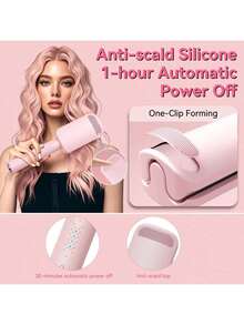 Curling Iron Hair Crimper Waver -Beach Waves Curling Wand, Ionic Deep Waver Hair Curler Tool With Ceramic 3 Barrel For Women, Dual Voltage, Anti-Scald, Easy To Use, Pink - 粉色 - 查看 2