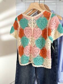 Wixra Macaron Heart Crochet Cardigan, Sweet Hollow Out Short Knit Top - Pink Green - View 10