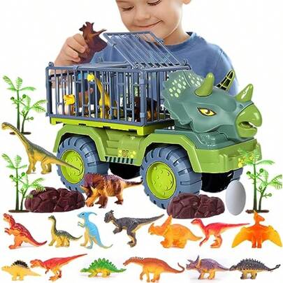 Camión de Transporte de Dinosaurios y 15 Piezas de Dinos Huevos de Dinosaurio Piedras árboles Juego de Dinosaurios Jurásicos de Captura para Niños y Niñas