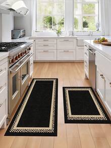 1pc Black Minimalist Pattern Kitchen Mat, Beige Trim, Non-Slip & Stain Resistant, Suitable For Room Decor, Living Room, Bathroom, Bedroom Rug, Doormat, Area Rug And Outdoor Rug, Made Of Polyester Fiber, Easy To Clean And Machine Washable, Suitable For All Seasons And Holidays. - Black - View 4