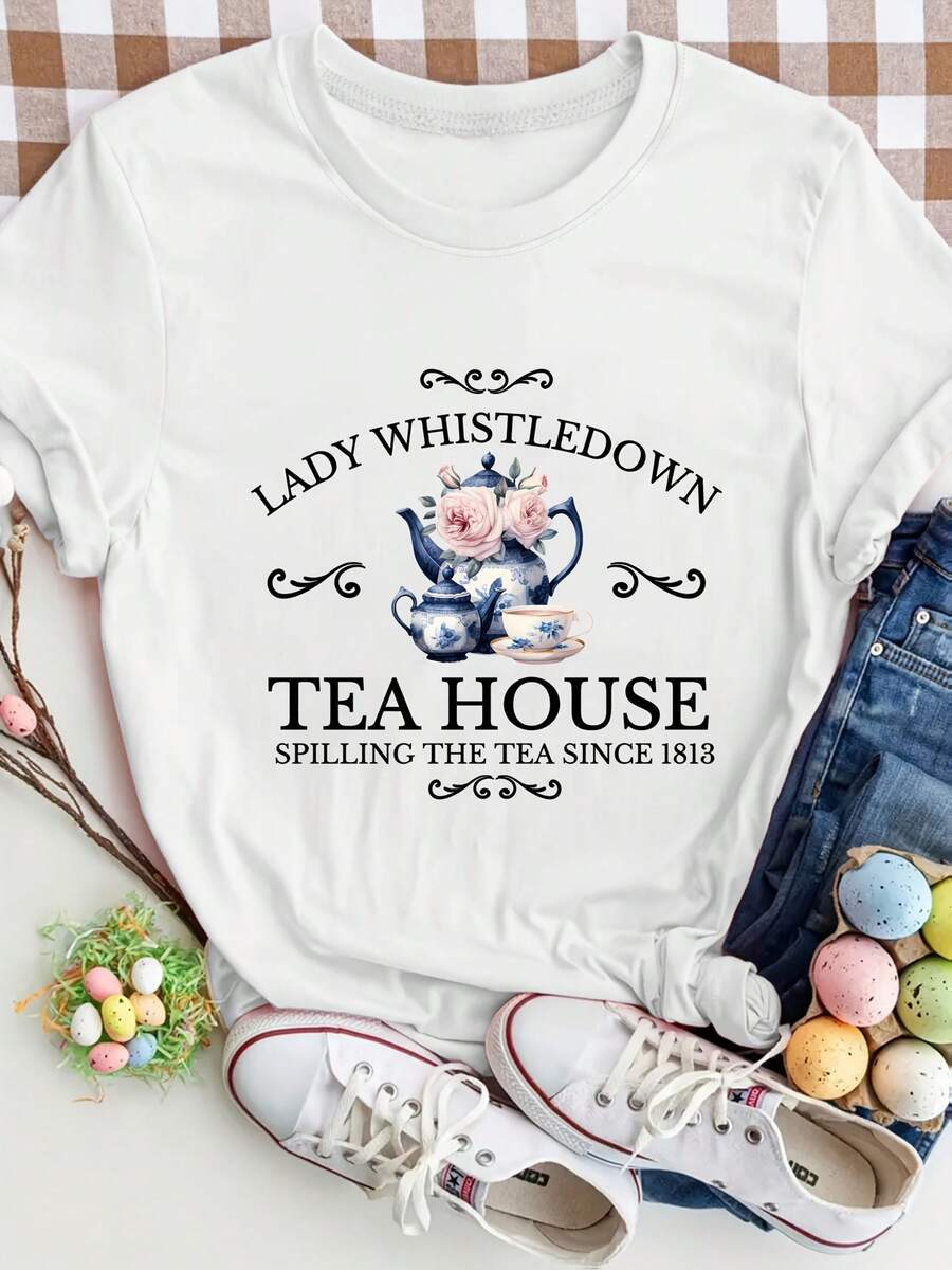Tea House Pattern T-Shirt - Soft Pink Round Neck Short Sleeve, Casual Women's Top, Elegant Tea Cup And Floral Print Design, Perfect For Spring And Summer - White - View 1