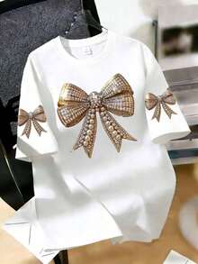 Plus Size Women's Rhinestone Bow Decor Printed Short Sleeve Round Neck T-Shirt Casual White Summer - White - View 1