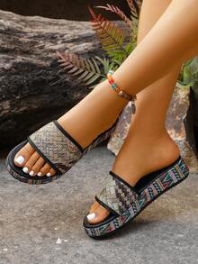 Bohemian Open Toe Thick Sole Women's Slide Sandals, Casual Summer Beach Slip-On Flat Sandals - Gray-brown - View 5