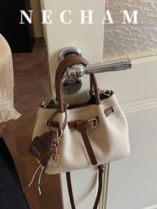 1pc Unique Design Handbag With Pendant, Snap Closure Contrast Color Shoulder Bag, Fabric And PU Material, Suitable For Work, Shopping, Dating, Travel - Brown - View 4