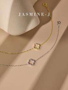 1pc 925 Sterling Silver Hollow Four-Leaf Clover Bracelet, Inlaid With Full Diamonds, Paired With Gold Chain. Classic, Elegant, Minimalist, Exquisite Women's Bracelet, A Unique Valentine's Day Gift For Her. - Multicolor - View 5