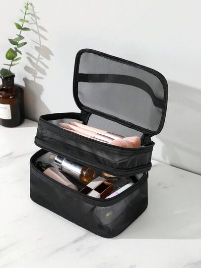 1pc Double Layer Cosmetic Bag, Multi-Functional Mesh Toiletry Bag, Handheld Beach Bag, Travel Storage Bag For Autumn/Winter, Bathroom Organizer Bag, Suitable For Vacation, Beach, Graduation Gift, Skincare, Daily Necessities, Lipstick, Makeup Brushes, Eyeshadow, Mirror, Eyeliner, Lip Gloss, Skincare, Toothbrush, Toothbrush Cup, Soap, Shampoo, Comb, Watch, Phone, Necklace, Jewelry, Electronics,Pouch,Makeup Pouch,Travel Essential