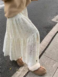 蕾丝拼接刺绣高腰半身裙，飘逸显瘦，荷叶边裙摆，百搭单品，2026春季新品 - 米色 - 查看 3