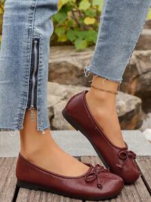 New Bowknot Toe Separating Flat Shoes, Women Round Toe Slip-On Mule Shoes, Retro Women Shoes,Ballet Flats - Red - View 3