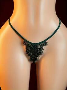 Sexy Transparent Tulle Lingerie Set - Underwired Bra (Without Padding), Thong Panties With Lace And Adjustable Straps - Verde - Xem 3
