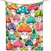 Cute Mushroom Pattern Fleece Blanket Multicolor Cartoon Mushrooms With Faces And Leaves Soft Warm Throw Blanket Oversized Size For Living Room Bedroom Or Couch - White - View 3