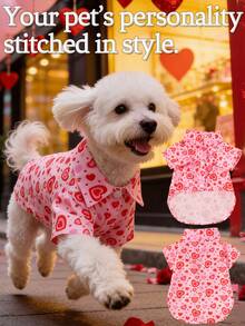 1pc Pet Dog Romantic Stylish Valentine's Day Outfit, Soft & Comfortable/Contrast Heart Print/Designed Short Sleeve Shirt, Suitable For Puppy/Small Dogs In Spring, Summer, Autumn, Valentine's Day Party Wear, Versatile - Pink - View 4