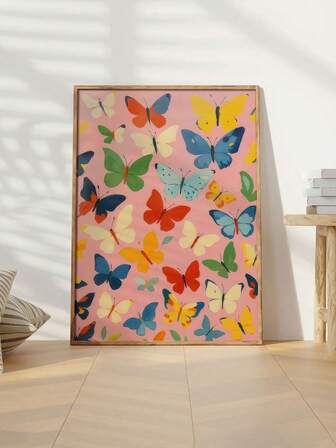 1PC Frameless Vibrant Butterfly Canvas Art Natural-Themed Wall Decor, Featuring Colorful Butterflies Against A Soft Pink Backdrop. Ideal For Living Rooms, Bedrooms, Or Offices. Modern Wall Art | Stunning Butterfly Design | Premium Canvas Quality Butterfly Decor