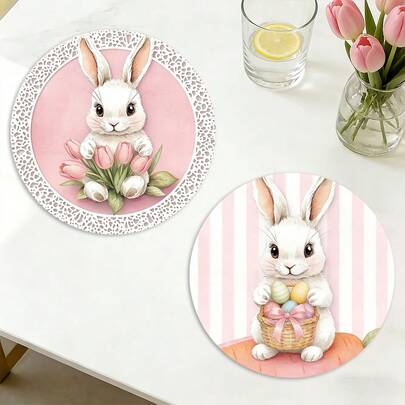 1 Set Of Complete Easter Bunny, Easter Eggs, Tulips, Basket And Lace Round Placemats, Suitable For Spring, Summer, Autumn And Winter, Multi-Color Pattern Design, Made Of 100% Polyester, Size: 15*15 Inches, Machine Washable, Polyester Material, Heat-Resistant And Stain-Resistant