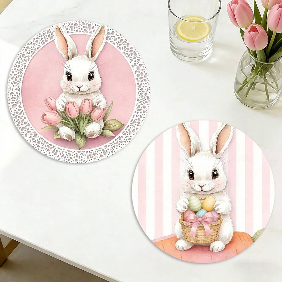 1 Set Of Complete Easter Bunny, Easter Eggs, Tulips, Basket And Lace Round Placemats, Suitable For Spring, Summer, Autumn And Winter, Multi-Color Pattern Design, Made Of 100% Polyester, Size: 15*15 Inches, Machine Washable, Polyester Material, Heat-Resistant And Stain-Resistant - Multicolor - View 1