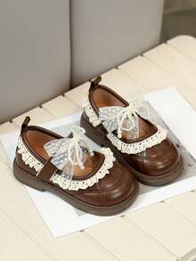 New Girls Gentle Style Small Leather Shoes With Lace Pearl Bow, Soft Sole Anti-Slip Princess Shoes, Versatile For Spring And Autumn, Student Shoes - Coffee Brown - View 2