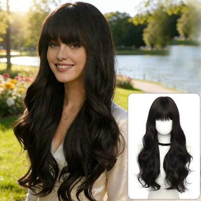 Tóc giả dài 24 inch màu đen, đỏ tía, vàng, xoăn nhẹ có mái, sợi tổng hợp, sợi chịu nhiệt cao, tóc giả tổng hợp, tóc xoăn bồng bềnh có mái, mật độ 150%, mũ lưới hoa hồng, kiểu dáng tự nhiên, phù hợp cho sử dụng hàng ngày, cosplay, tiệc Halloween và Giáng sinh, phụ kiện cosplay, người đam mê thời trang.