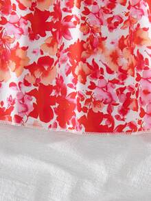 Robe mi-longue à col V, manches courtes bouffantes, ourlet à volants, avec imprimé floral et nœud papillon, style décontracté, pour le printemps/été - Rouge - Voir 9