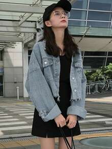 Women's Solid Color Denim Jacket, Distressed Finish, Lapel Collar, Short Style - Medium Wash - View 10