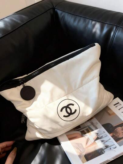 CHANEL Black & White Classic Logo Makeup Bag, Feather Cotton Material, Travel Organizer