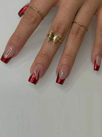 Uppgradera din look med 24 st. Y2K-stil, mellanstora fyrkantiga French Tips-press-on-naglar, glansiga röda flammor, passar perfekt. Lösnagelkit som täcker hela lösnaglar. Innehåller 1 ark självhäftande flikar och 1 st. minifil för daglig dejting, kontor, hemmafest, kvinnor, smycken, accessoarer, lösnageltippar, 1 filremsa, gelégel.