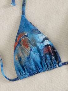 3pcs Women's Sexy Floral Print Bikini Set With Tie-Up Back And Mesh Skirt, Summer - Blue - View 4