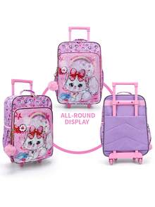 BLING BABIES Maleta infantil con ruedas, de material con lentejuelas, con patrón de gato rosa doble, con función de brillo en la oscuridad, maleta de mano para la escuela primaria, adecuada para fines de semana y viajes - Rosa - Ver 5