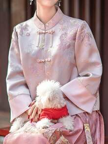 精致花卉印花立领外套，时尚新款中国风短袖开衫，适合春秋冬三季，是春节、感恩节、节日、休闲、送礼等各种场合的理想之选。 - 粉色 - 查看 1