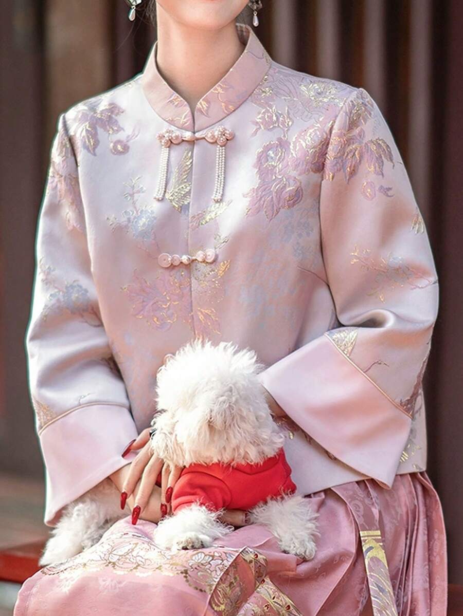 精致花卉印花立领外套，时尚新款中国风短袖开衫，适合春秋冬三季，是春节、感恩节、节日、休闲、送礼等各种场合的理想之选。 - 粉色 - 查看 1