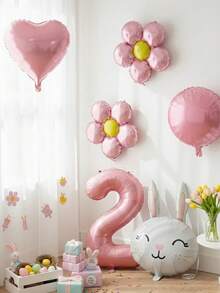 6pcs/Set 32-Inch Pearl Powder Number 0-9 Birthday Party Decorative Balloons, Suitable For Easter Birthday Decorations, Huge Matte Rabbit Shaped Foil Balloon, 18-Inch Pink Heart/Round Foil Balloons, Flower Shaped Foil Balloons, Suitable For Spring Outdoor Party Decorations - Multicolor - View 4