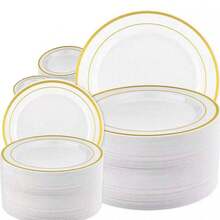 25pcs/Set White Round Plates With Gold Rim (7.5 Inches/10.25 Inches), Reusable And Washable Plates For Wedding, Party, Banquet, Valentine's Day, Thanksgiving, Christmas And Other Occasions, Banquet Tableware, Party Plates, Holiday Design, Stylish Service, Reusable Dinnerware, Easy To Clean, Serving Platters, Catering